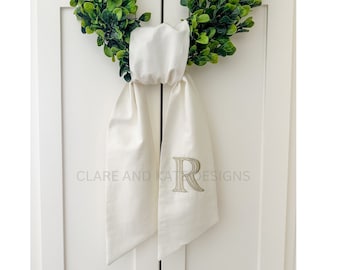 Monogram Wreath Sash, Wreath Sash For Front Door, Embroidered Front Door Bow, Initial Door Sash, Wreath Ribbon, Housewarming, Ivory Sash