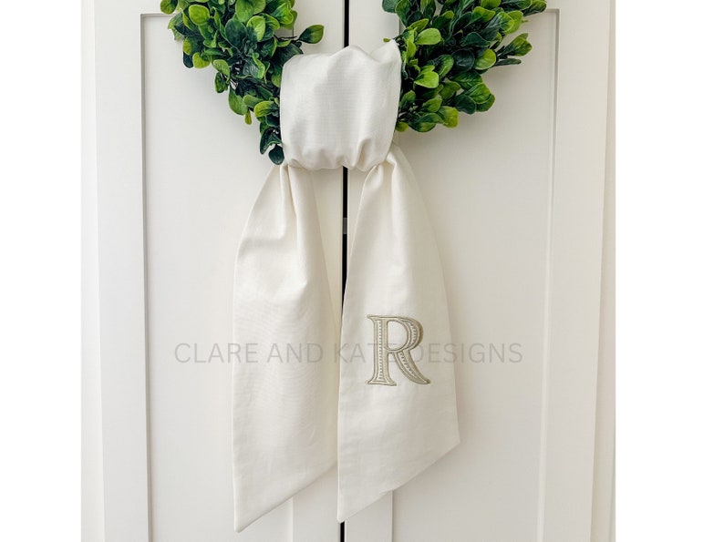 Monogram Wreath Sash, Wreath Sash For Front Door, Embroidered Front Door Bow, Initial Door Sash, Wreath Ribbon, Housewarming, Ivory Sash image 1