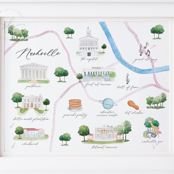 Nashville a illustré l'art de carte, impression d'art de ville d'aquarelle de Nashville, art de mur IMPRIMABLE, cadeau de mariage, cadeau d'obtention du diplôme, cadeau de pendaison de crémaillère