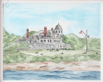 Castle Hill Inn art print, Newport Rhode Island hotel illustration, watercolor wedding venue portrait, historic hotel painting, coastal art