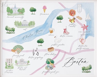 Impression d'art de carte de Boston, illustration aquarelle de carte de Boston, art de la ville de Boston mignon, aquarelle de Boston dans le Massachusetts, art mural imprimable