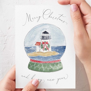 Nantucket lighthouse Christmas card, PRINTABLE holiday card, coastal holiday card, blank Christmas card, watercolor Christmas card