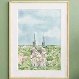 Savannah cathedral watercolor print, St John the Baptist art, wedding venue portrait, PRINTABLE historic landmark painting, travel decor