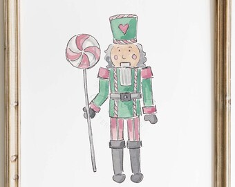 Pintura de quebra-nozes rosa, impressão artística em aquarela de quebra-nozes de Natal, decoração de feriado, ilustração fofa em rosa e verde, arte PARA IMPRIMIR