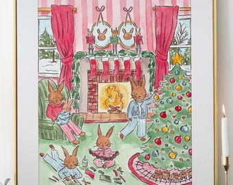 Whimsical Bunny Christmas Watercolor Print, Cozy Pink Holiday Nursery Wall Art