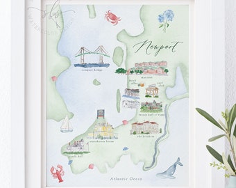 Newport Rhode Island map art, Newport watercolor map print, illustrated city map, watercolor painting, Newport Rhode Island map, PRINTABLE