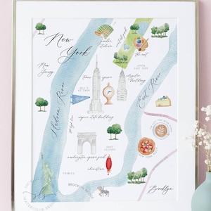 New York City map print, illustrated watercolor map, NYC watercolor print, Manhattan city art print, New York wedding gift, graduation gift