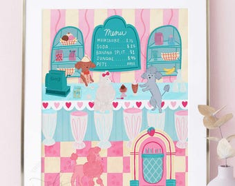 Whimsical Pink Soda Shop Art Print – Retro Ice Cream Parlor Wall