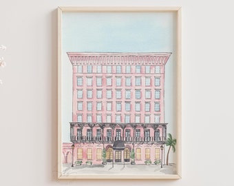 Charleston pink hotel art print, Mills House watercolor print, Charleston wedding venue portrait, South Carolina historic landmark painting