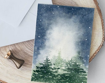 Christmas trees holiday card, printable holiday card, watercolor winter forest holiday card, printable Christmas card, blank Christmas card