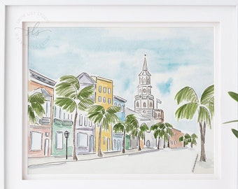 Watercolor Charleston art print, Broad Street Charleston painting, Charleston South Carolina print, Charleston art print, PRINTABLE