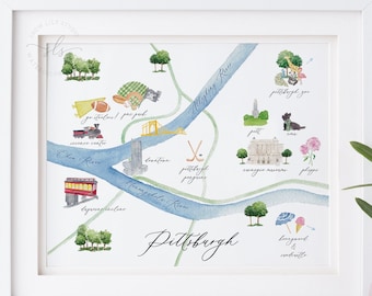 Carte aquarelle de Pittsburgh, Pennsylvanie, impression d'art de carte illustrée, peinture de ville aquarelle, cadeau de pendaison de crémaillère, art de Pittsburgh PRINTABLE