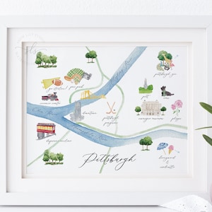 Carte aquarelle de Pittsburgh, Pennsylvanie, impression d'art de carte illustrée, peinture aquarelle de la ville, cadeau de pendaison de crémaillère, art de Pittsburgh imprimable