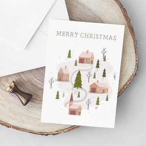 Christmas card printable, printable holiday card, merry Christmas card, Christmas village card, Christmas gift, pink greeting card