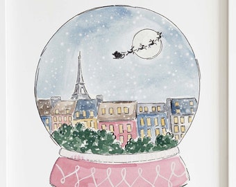 Watercolor pink Christmas Paris print, Eiffel Tower illustration, Paris France snow globe, pink Christmas decor, watercolor travel art print