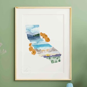 Impression d'aquarelle d'état de pavot de Californie, peinture de paysage botanique, décoration à la maison de Californie, cadeau de voyage de côte ouest, art mural IMPRIMABLE