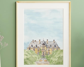 Oheka Castle art print, Oheka watercolor painting, wedding venue portrait, historic landmark painting, Long Island New York, watercolor art