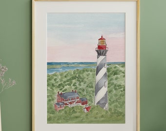 St Augustine lighthouse watercolor painting, lighthouse art print, St Augustine sunset art, Florida lighthouse illustration, coastal decor