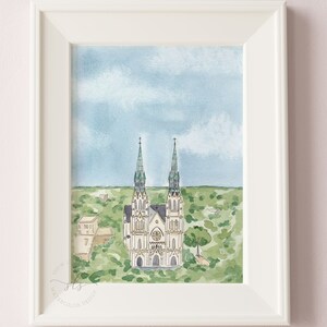 May include: Watercolor painting of a church with two tall spires, surrounded by green trees and a blue sky with white clouds.