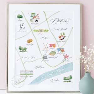Detroit watercolor map art, Detroit Michigan illustrated map print, Detroit city art, Detroit MI, housewarming gift, wedding gift, PRINTABLE