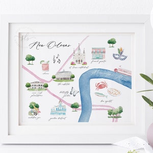 New Orleans Karte Druck, Aquarell illustrierte Karte Kunst, Stadtplan Kunst, Aquarell Louisiana Karte, Einweihungsgeschenk, Hochzeitsgeschenk, DRUCKBAR