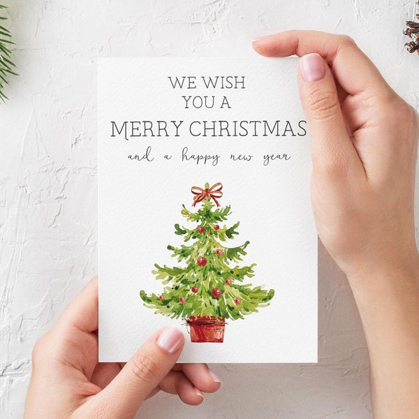 Printable Christmas tree card, printable holiday card, watercolor Christmas card, merry Christmas printable card, digital card, 5x7 card PDF