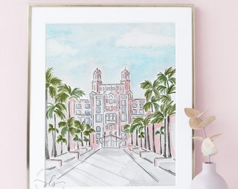 Aquarelle rose pour hôtel en Floride, impression d'art Don CeSar, cadeau pour amateur de voyage, hôtel historique, décoration de chambre d'enfant, illustration de lieu de mariage