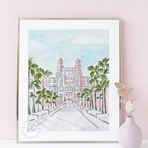 Pink Florida hotel watercolor painting, Don CeSar art print, travel lover gift, historic hotel, nursery decor, wedding venue illustration