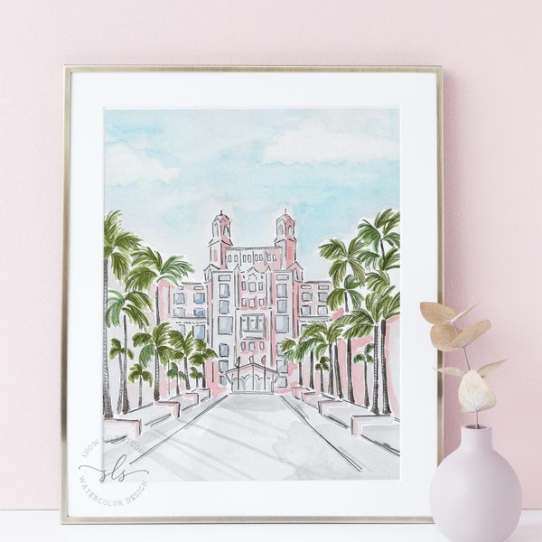 Aquarelle rose pour hôtel en Floride, impression d'art Don CeSar, cadeau pour amateur de voyage, hôtel historique, décoration de chambre d'enfant, illustration de lieu de mariage