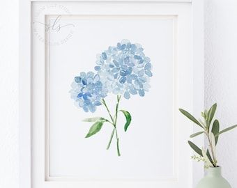 Blue hydrangea watercolor print, watercolor floral painting, watercolor blue flower art, printable floral art print, watercolor hydrangea