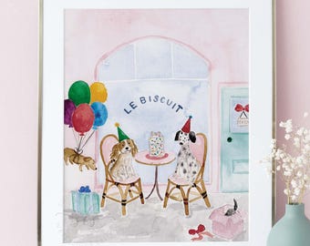 Dog Birthday Party Watercolor Art Print, Whimsical Nursery Wall Art, Pink French Cafe Illustration