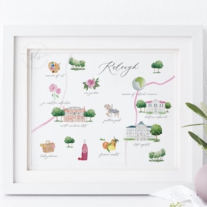 Raleigh North Carolina map art, Raleigh illustrated city art print, watercolor illustrated map, housewarming gift, wedding gift, PRINTABLE