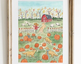 Golden Retriever Pumpkin Patch Watercolor Print, Whimsical Dog Fall Wall Art
