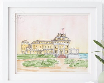 Rhode Island hotel print, Ocean House painting, watercolor wedding venue illustration, travel art print, yellow hotel print, wedding gift