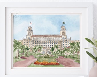 The Breakers Palm Beach watercolor art print, Florida hotel painting, illustrated wedding venue portrait, anniversary gift, wedding gift