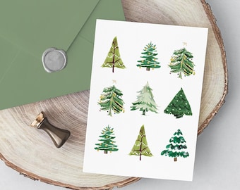 Christmas tree Christmas card, printable holiday card, watercolor Christmas trees holiday card, printable card, blank Christmas card, PDF