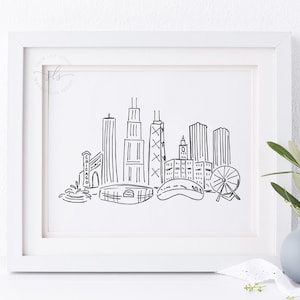 Chicago Skyline Skizze, Chicago Linie Kunstdruck, Chicago illustrierte Stadt Kunst, Chicago illustrierte Stadtbild Druck, Hochzeitsgeschenk, PRINTABLE