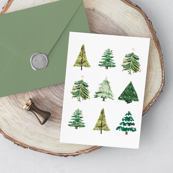 Christmas tree Christmas card, printable holiday card, watercolor Christmas trees holiday card, printable card, blank Christmas card, PDF