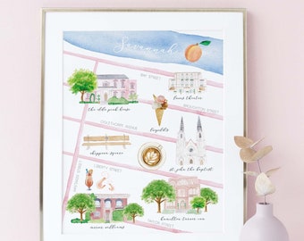 Sztuka miasta Savannah, sztuka mapy Savannah Georgia, mapa ilustrowana akwarelą, DRUKOWANA sztuka ścienna, prezent na parapetówkę, prezent ślubny, sztuka mapy 8x10