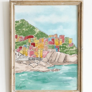 Cinque Terre Italy art print, Italy watercolor painting, Manarola art print, colorful Italian seaside village, travel gift, rainbow houses