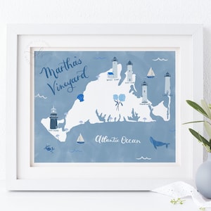 Impression d'art de carte Martha's Vineyard, carte illustrée, peinture du phare de Martha's Vineyard, impression d'art de voyage côtier, cadeau de mariage, IMPRIMABLE