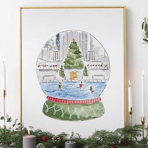 New York City Christmas snow globe print, watercolor Rockefeller Christmas illustration, Christmas decor, snow globe travel art, PRINTABLE