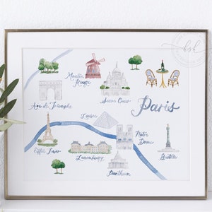 Paris Frankreich Aquarell Karte Druck, illustrierte Karte Kunst, Paris Reise Karte Druck, Aquarell illustrierte Karte Kunst, Eiffelturm, DRUCKBARE Kunst