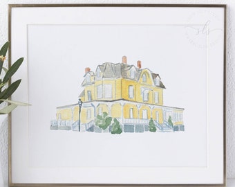 Eisenhower House art print, Newport Rhode Island, watercolor wedding venue portrait, yellow venue illustration, historic landmark painting