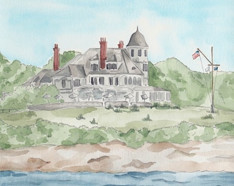 Newport hotel art print, Castle Hill Inn illustration, watercolor wedding venue portrait, Rhode Island coastal art, historic hotel painting