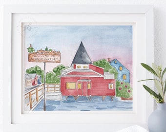Kennebunkport Maine print, sunset watercolor painting, coastal town, New England painting, Maine landscape, travel lover gift, wedding gift