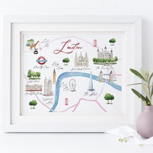 London watercolor map print, illustrated map print, PRINTABLE wall art, London England travel map print, watercolor illustrated map art