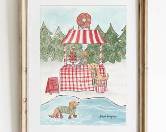 Dachshund Ice Skating Christmas Print, Wiener Dog Donut Stand Watercolor Wall Art