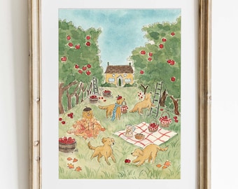 Golden Retriever Apple Orchard Watercolor Print, Whimsical Dog Painting, Cozy Fall Wall Art