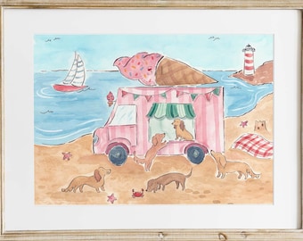 Dachshund Ice Cream Truck Watercolor Print, Whimsical Coastal Beach Wall Art